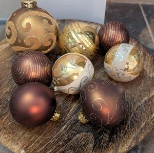 Vintage Glass Christmas Ornament Lot Of 8 Gold And Brown